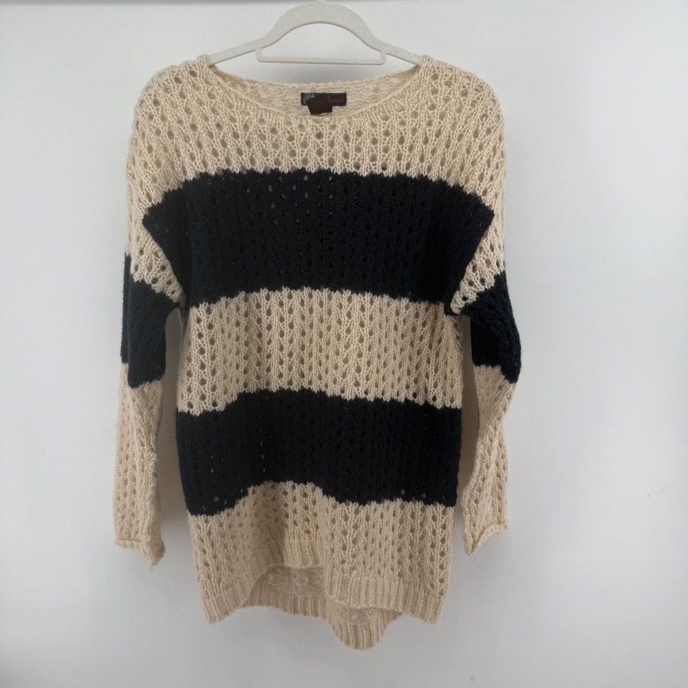 JJ Basics Womens Medium Sweater Cream Navy Striped Open Knit Scoop Neck Grunge‎